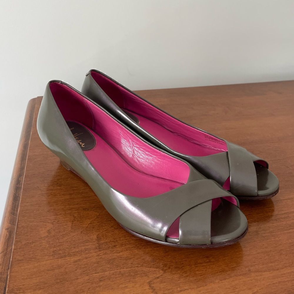 Cole Haan Patent Leather Peep Toe Wedge Pumps Grey/Moss Green